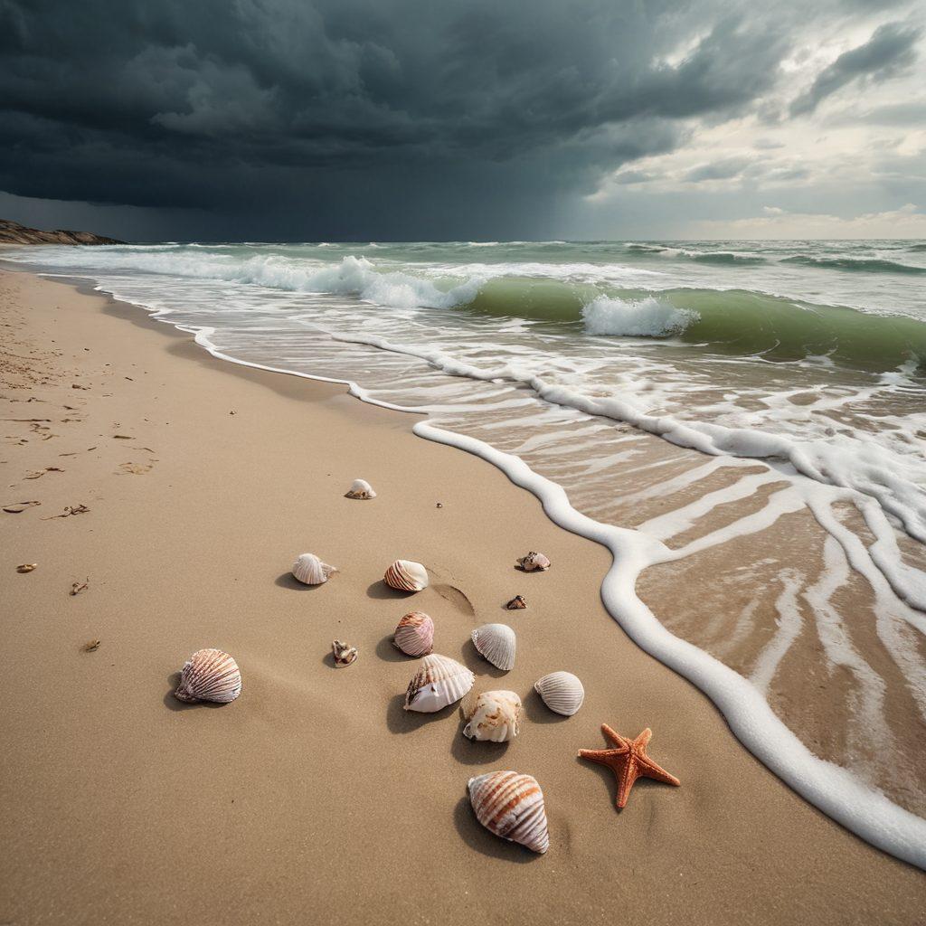 A poignant scene depicting a solitary figure standing at the edge of a tranquil beach, wearing colorful summer swimwear that contrasts their somber expression. Surrounding the figure, waves gently lap at the shore under a cloudy sky, hinting at an emotional storm. The image should evoke feelings of nostalgia and introspection, with soft, muted colors enhancing the melancholic atmosphere. Include delicate seashells scattered in the sand as symbolic elements. super-realistic. muted colors. soft focus.