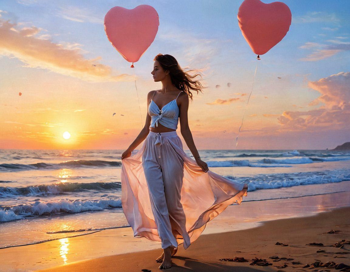A dreamy summer scene featuring a woman in a flowing two-piece outfit, standing on a sunny beach with a melancholic expression. Behind her, a soft sunset casts warm hues across the sky, while delicate heart-shaped balloons drift in the background, symbolizing nostalgia. Wisps of ocean breeze play with her attire, adding a sense of movement. Capture the essence of melancholy intertwined with summer fashion. painting. soft pastel colors. dreamy atmosphere.